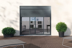 Baie coulissante en aluminium bicolore blanc/ gris + volet roulant - Dim. H. 200 x L. 240 cm - Brico Dépôt