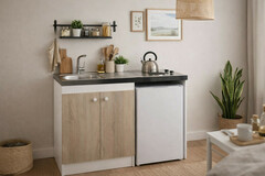 Cuisinette électrique blanche porte couleur chêne (évier, 2 feux et réfrigérateur) - H.910 x L.1200 x P.600 mm - Brico Dépôt