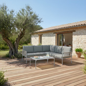 Salon de jardin d’angle 5 places métal vert lichen avec coussins - Brico Dépôt