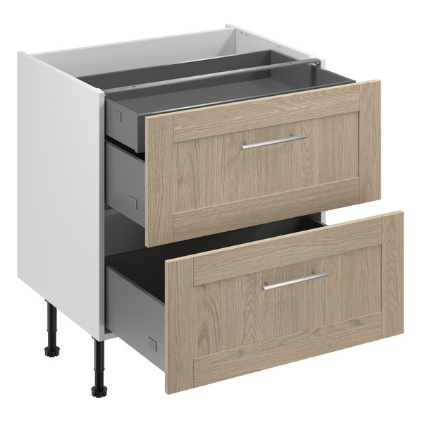 Meuble bas "Coline" imitation chêne clair l.80 x h.72 x p.57 cm 2 casseroliers + 1 tiroir intérieur - Brico Dépôt