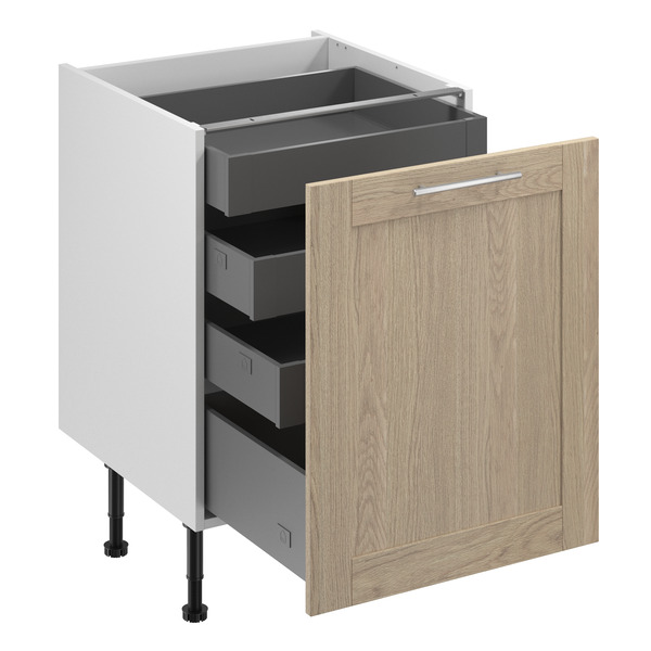 Meuble bas "Coline" imitation chêne clair l.60 x h.72 x p.57 cm 1 porte 1 casserolier + 3 tiroirs - Brico Dépôt