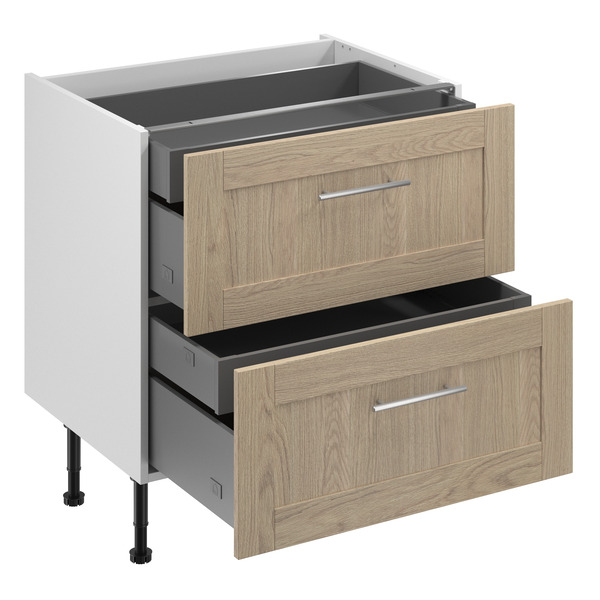 Meuble bas "Coline" imitation chêne clair l.80 x h.72 x p.57 cm 2 casseroliers + 2 tiroirs intérieurs - Brico Dépôt