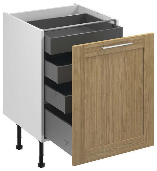 Meuble bas "Ilona" imitation chêne massif l.60 x h.72 x p.57 cm 1 porte 1 casserolier + 3 tiroirs - Brico Dépôt