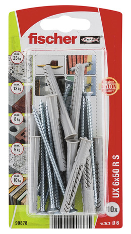 Lot de 10 chevilles nylon universelles Ø6 x 50 + vis - Fischer - Brico Dépôt