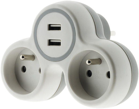 Triplite 2 x 16a + 2 USB NF Puissance 3680 W. Coloris blanc. - Brico Dépôt