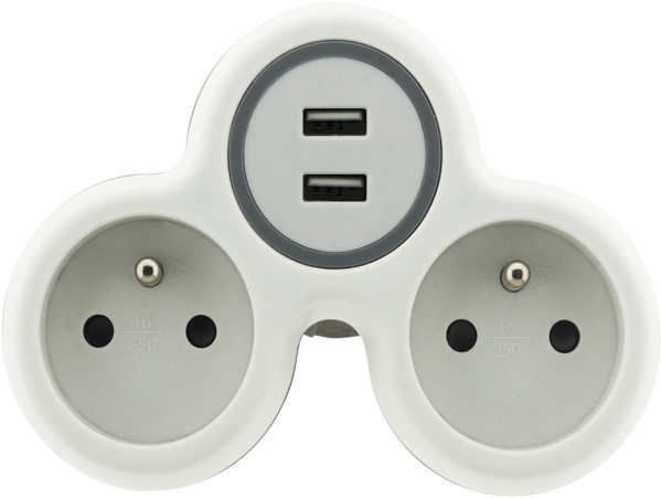 Triplite 2 x 16a + 2 USB NF Puissance 3680 W. Coloris blanc. - Brico Dépôt