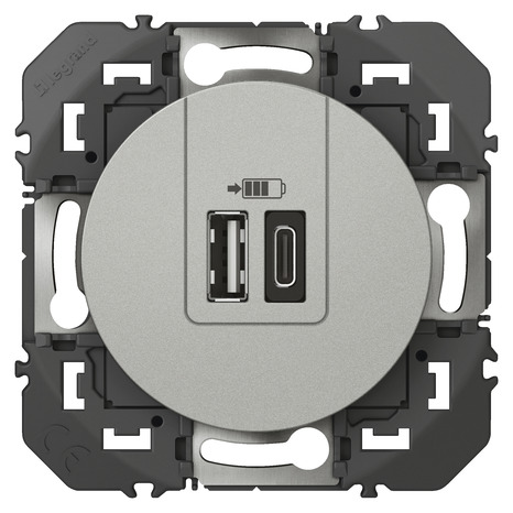 Prise chargeur 1 USB type A + 1 USB type C 3A "Dooxie" aluminium - Legrand - Brico Dépôt