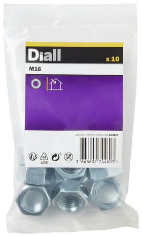 Écrous hexagonaux en acier zingué Ø 16 mm - 10 pièces - Diall - Brico Dépôt