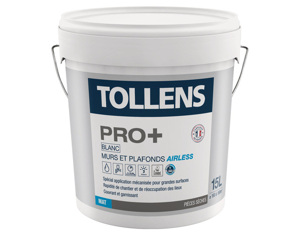 Peinture bicouche murs et plafonds intérieure Pro+ airless acrylique mat blanc 15 L - Tollens - Brico Dépôt
