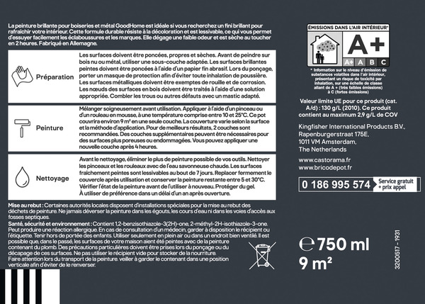 Peinture boiseries et métal intérieure Noir brillant Liberty 0.75 L - GoodHome - Brico Dépôt