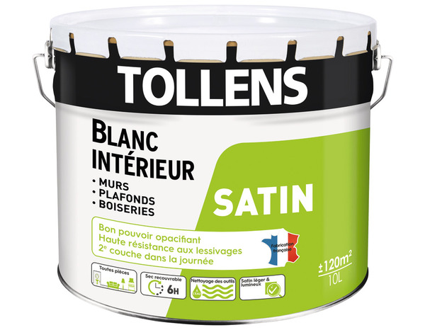 Peinture bicouche murs, plafonds et boiseries intérieure acrylique satin blanc 10 L - Tollens - Brico Dépôt