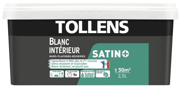 Peinture monocouche murs et plafonds intérieure acrylique satin blanc 2.5 L - Tollens - Brico Dépôt