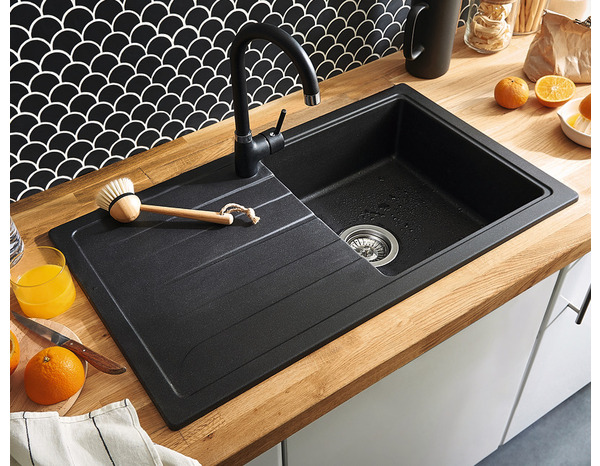 Lot évier quartz + mitigeur "Carvi" noir - Cooke and Lewis - Brico Dépôt