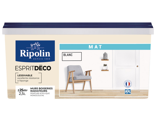 Peinture mur intérieur Mat 2,5 L Blanc - Ripolin - Brico Dépôt