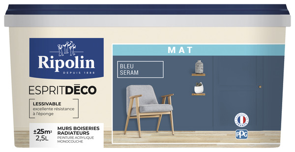 Peinture mur intérieur Mat 2,5 L Bleu seram - Ripolin - Brico Dépôt