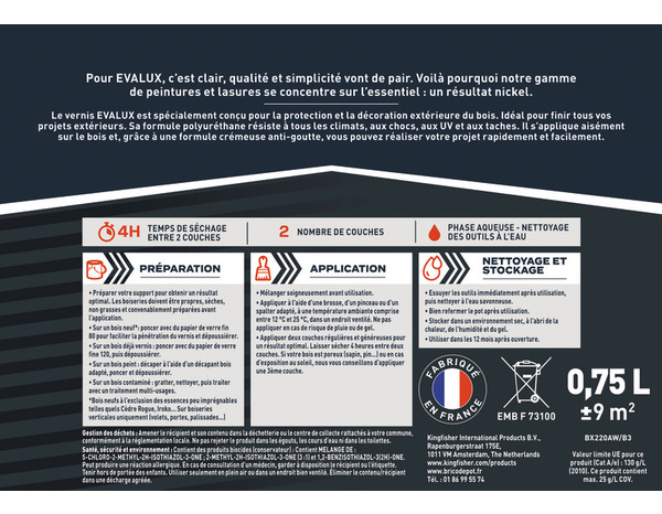Vernis extérieur 0,75 L incolore mat - Evalux - Brico Dépôt