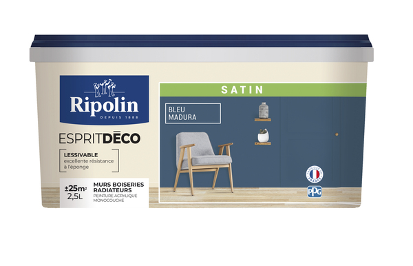 Peinture mur intérieur Satin 2,5 L Bleu madura - Ripolin - Brico Dépôt