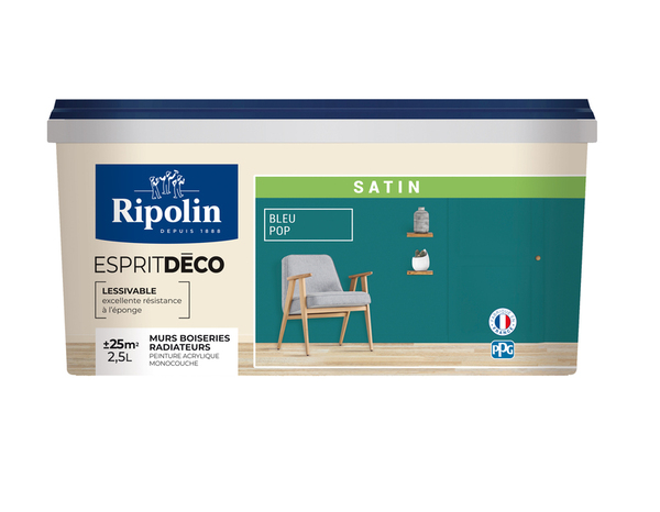 Peinture mur intérieur Satin 2,5 L Bleu pop - Ripolin - Brico Dépôt