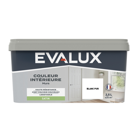 Peinture mur intérieur Satin 2,5 L Blanc pur - Evalux - Brico Dépôt