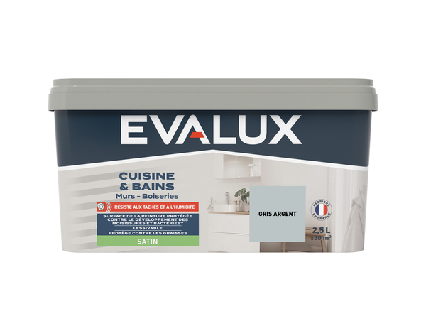 Peinture salle de bain et cuisine Satin 2,5 L Gris argent - Evalux - Brico Dépôt