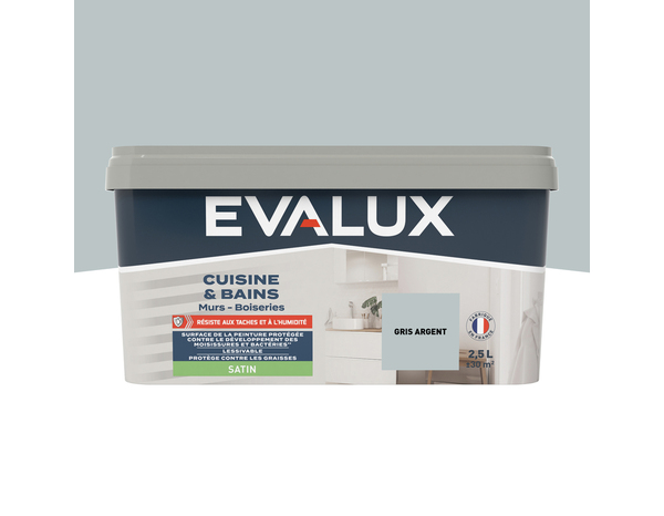 Peinture salle de bain et cuisine Satin 2,5 L Gris argent - Evalux - Brico Dépôt