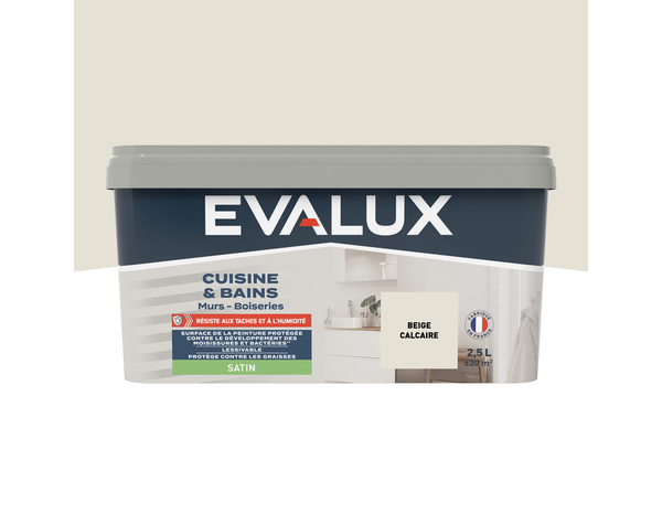 Peinture salle de bain et cuisine Satin 2,5 L Beige calcaire - Evalux - Brico Dépôt