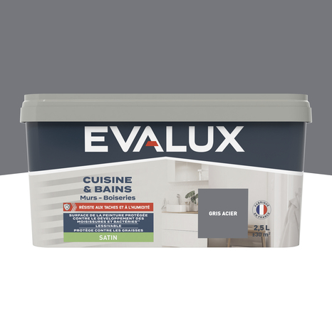 Peinture salle de bain et cuisine Satin 2,5 L Gris acier - Evalux - Brico Dépôt