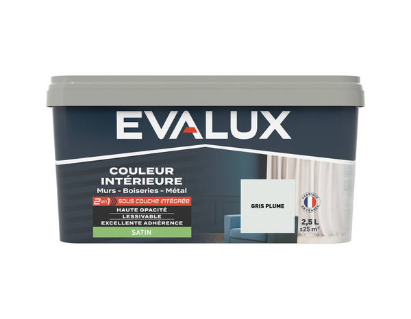 Peinture mur intérieur 2 en 1 Satin 2,5 L Gris plume - Evalux - Brico Dépôt