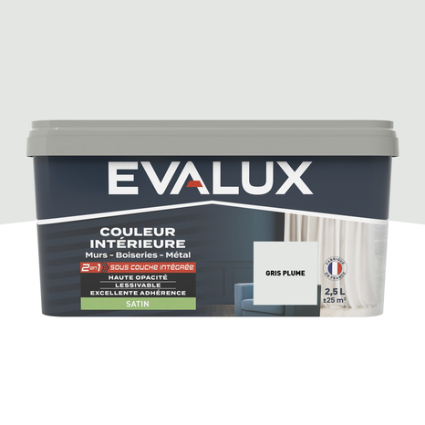 Peinture mur intérieur 2 en 1 Satin 2,5 L Gris plume - Evalux - Brico Dépôt