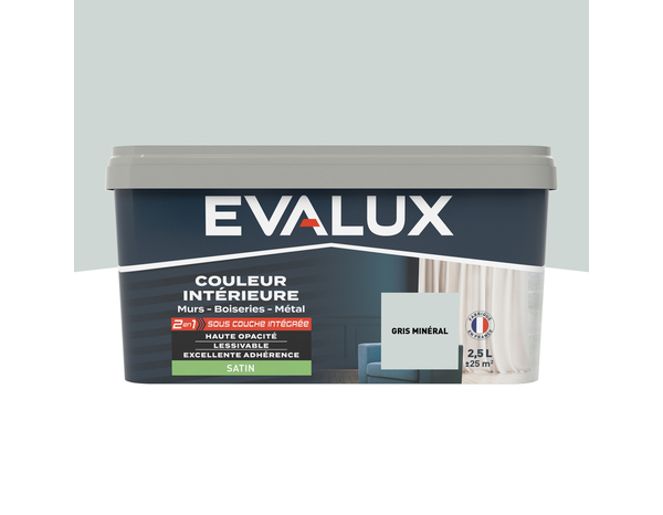 Peinture mur intérieur 2 en 1 Satin 2,5 L Gris minéral - Evalux - Brico Dépôt