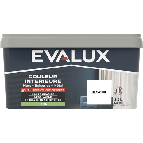 Peinture mur intérieur 2 en 1 Satin 2,5 L Blanc pur - Evalux - Brico Dépôt