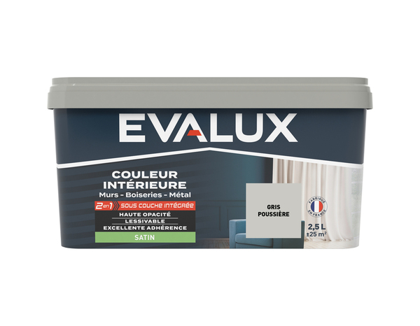 Peinture mur intérieur 2 en 1 Satin 2,5 L Gris poussière - Evalux - Brico Dépôt