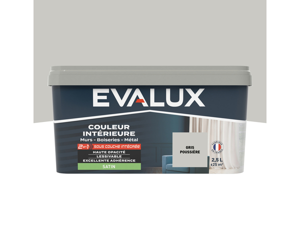 Peinture mur intérieur 2 en 1 Satin 2,5 L Gris poussière - Evalux - Brico Dépôt