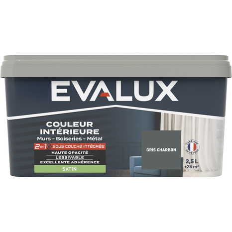 Peinture mur intérieur 2 en 1 Satin 2,5 L Gris charbon - Evalux - Brico Dépôt