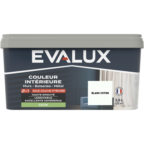 Peinture mur intérieur 2 en 1 Satin 2,5 L Blanc coton - Evalux - Brico Dépôt