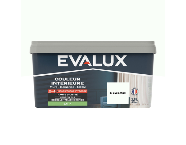 Peinture mur intérieur 2 en 1 Satin 2,5 L Blanc coton - Evalux - Brico Dépôt
