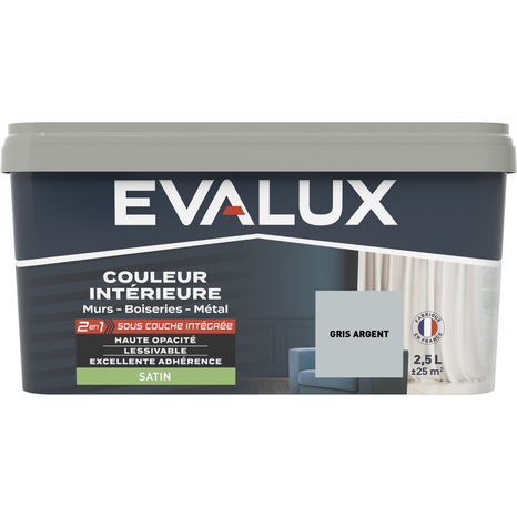 Peinture mur intérieur 2 en 1 Satin 2,5 L Gris argent - Evalux - Brico Dépôt