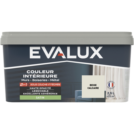 Peinture mur intérieur 2 en 1 Satin 2,5 L Beige calcaire - Evalux - Brico Dépôt