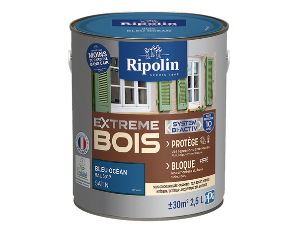 Peinture bois intérieur et extérieur satin 2,5 L bleu ocean - Ripolin - Brico Dépôt