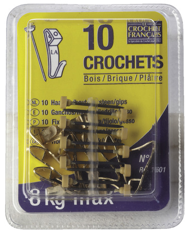 10 crochets N°1 avec aiguilles pour tableaux et cadres H. 2,5 x P. 1 x l. 0,6 cm - Le Crochet Français - Brico Dépôt