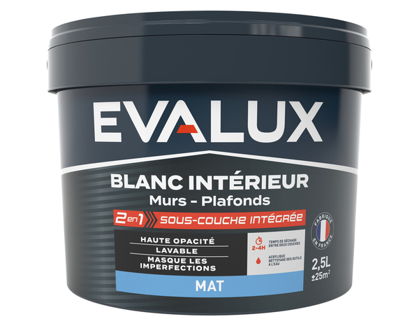 Peinture Blanche intérieure 2en1 sous couche intégrée Mat 2,5 L - Evalux - Brico Dépôt