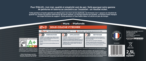 Peinture Blanche intérieure 2en1 sous couche intégrée Mat 2,5 L - Evalux - Brico Dépôt