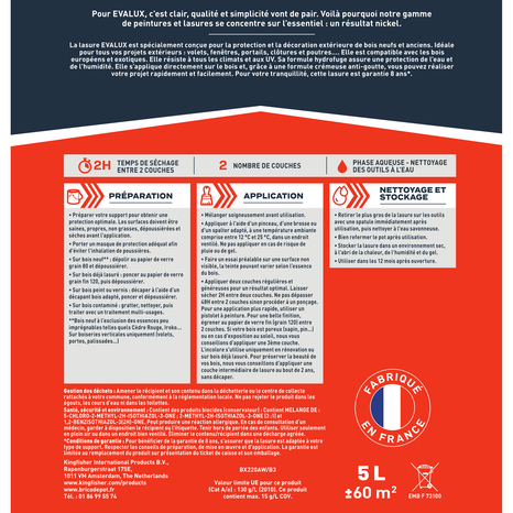 Lasure chêne moyen 5 L - satin - Evalux - Brico Dépôt