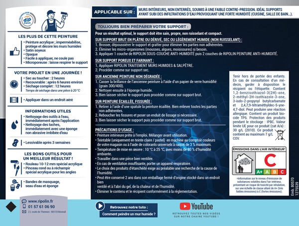 Peinture anti-humidité intérieur satin blanc 0,75 L - Ripolin - Brico Dépôt