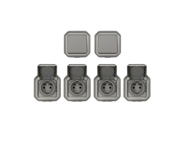 Lot de 2 interrupteurs va-et-vient et 4 prises de courant étanches "Plexo" complet saillie - Gris - Legrand - Brico Dépôt