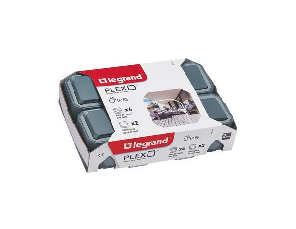 Lot de 2 interrupteurs va-et-vient et 4 prises de courant étanches "Plexo" complet saillie - Gris - Legrand - Brico Dépôt