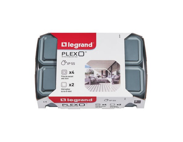 Lot de 2 interrupteurs va-et-vient et 4 prises de courant étanches "Plexo" complet saillie - Gris - Legrand - Brico Dépôt
