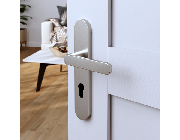 Poignée de porte "Marick" avec trou pour cylindre - Effet nickel - Entraxe adaptable 165-195 mm - Cooke and Lewis - Brico Dépôt