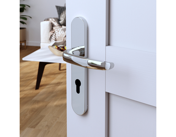 Poignée de porte "Goderic" avec trou pour cylindre - Effet chromé - Entraxe adaptable 165-195 mm - Cooke and Lewis - Brico Dépôt