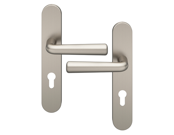 Poignée de porte "Derenic" avec trou pour cylindre - Effet nickel - Entraxe adaptable 165-195 mm - Cooke and Lewis - Brico Dépôt